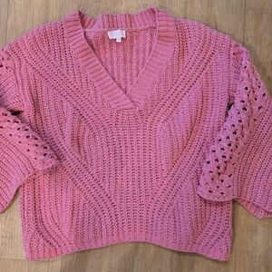 Pink Lily Textured Pink V-Neck Sweater